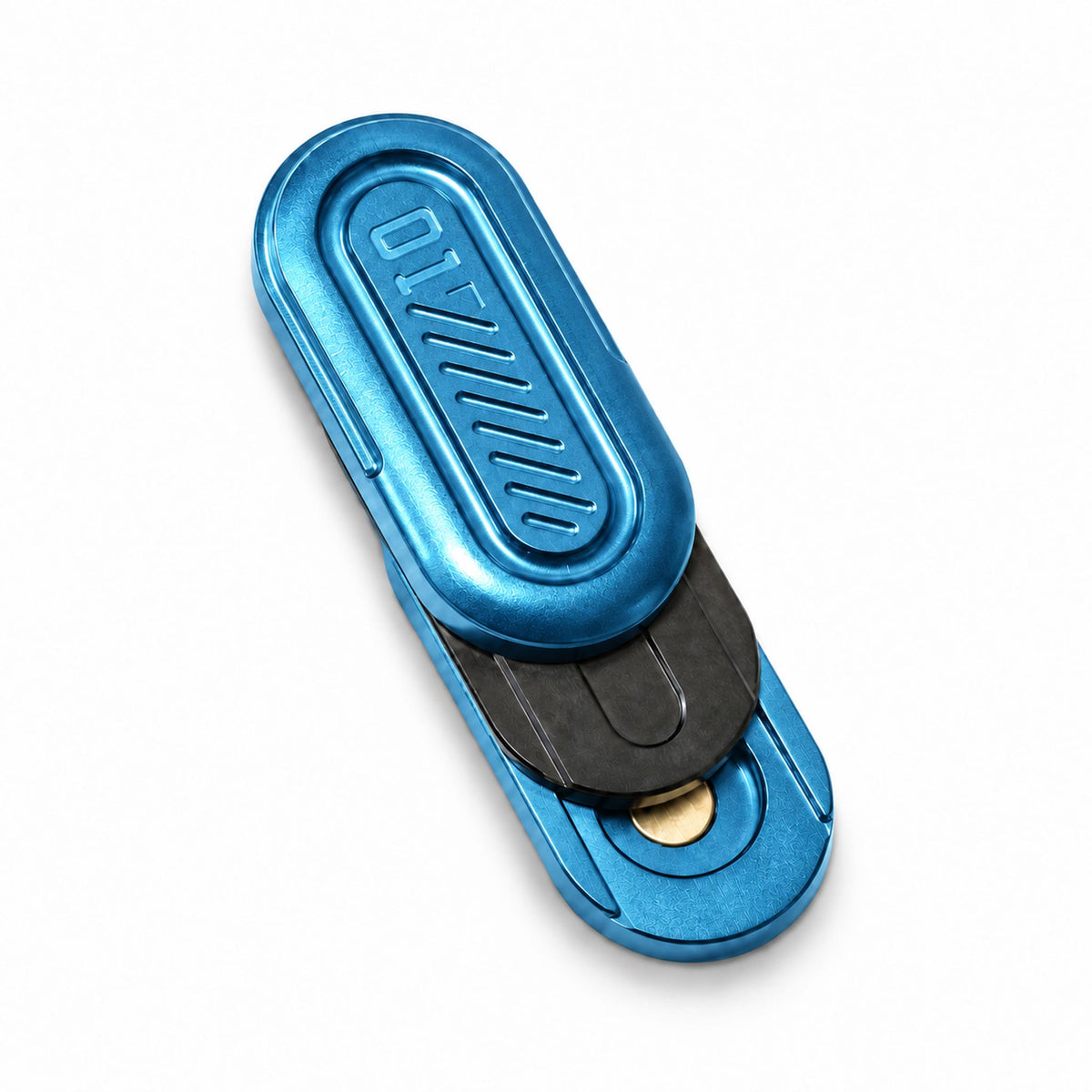 Ocean blue pill fidget slider showing grooved thumb pad and sliding motion