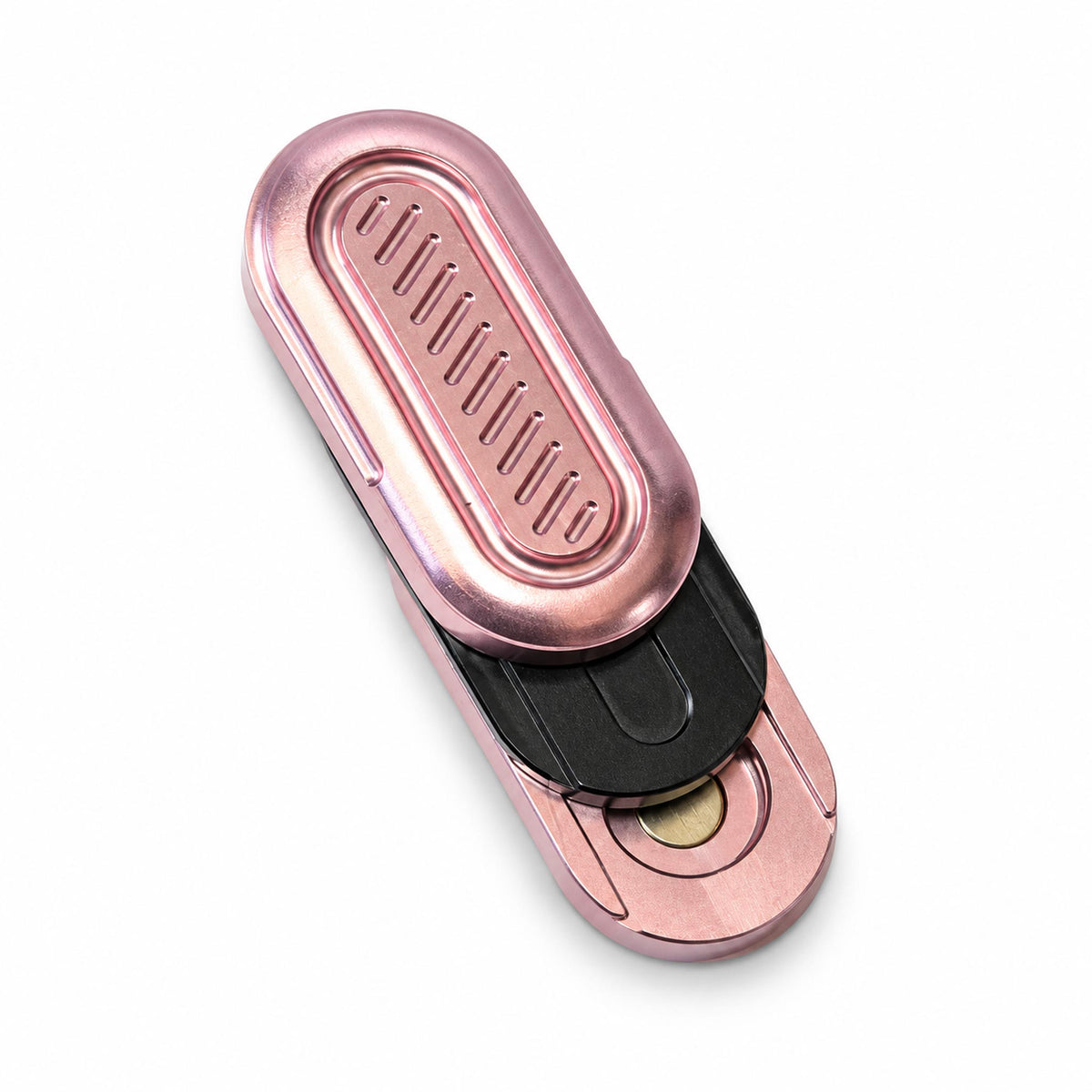 Coral pink 3-layer pill fidget slider with contrasting black middle layer