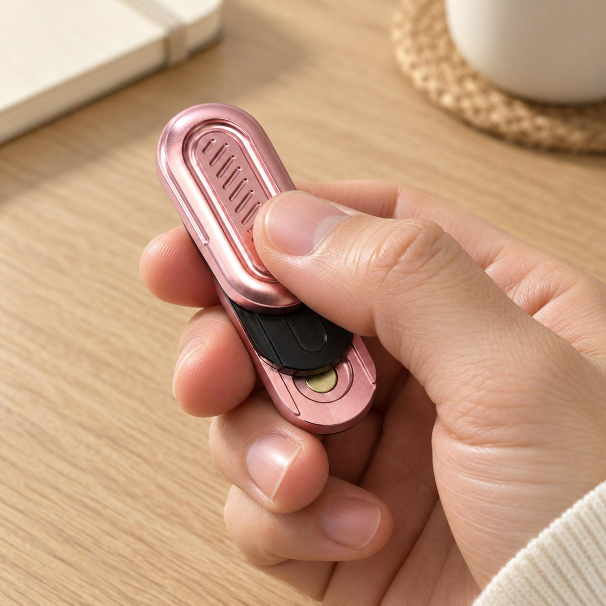 Hand holding coral pink miniature pill shaped fidget slider for everyday carry