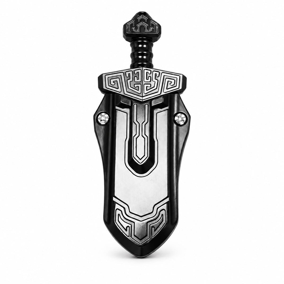 Matte black interlocking EDC fidget slider upright on white background