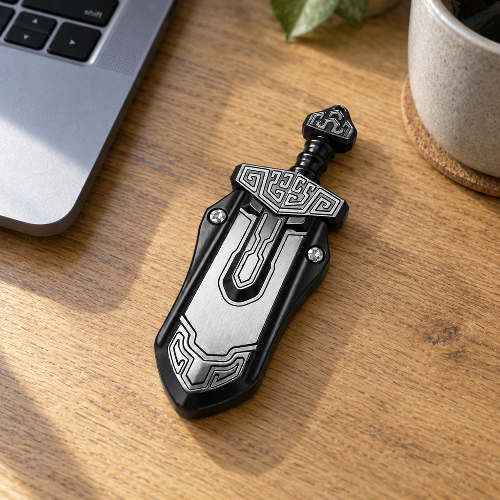 Black metal totem tactile fidget slider placed beside laptop on office desk