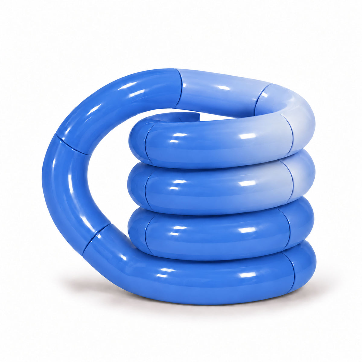 Blue thermochromic twist fidget toy coiled neatly on white studio surface