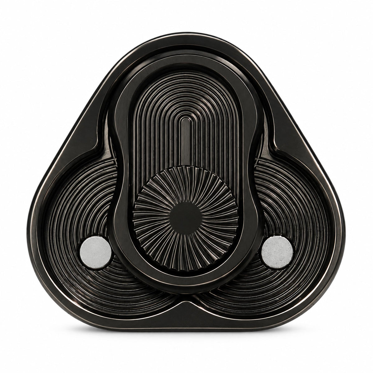 Sleek black triangular rotating metal EDC fidget slider on white background