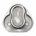 Metallic silver triangular rotating fidget slider on clean white studio backdrop