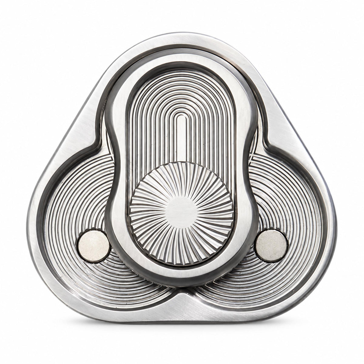 Metallic silver triangular rotating fidget slider on clean white studio backdrop