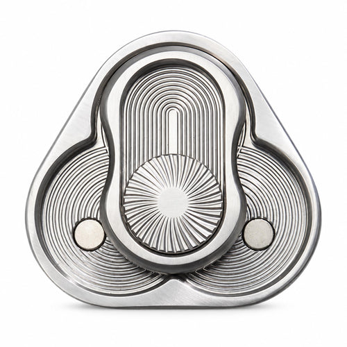 Metallic silver triangular rotating fidget slider on clean white studio backdrop