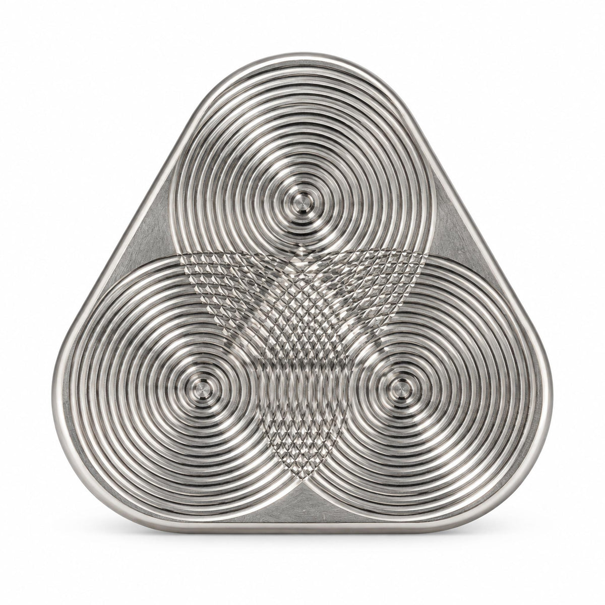 Back textured grip of silver triangular metal EDC fidget toy on white backdrop