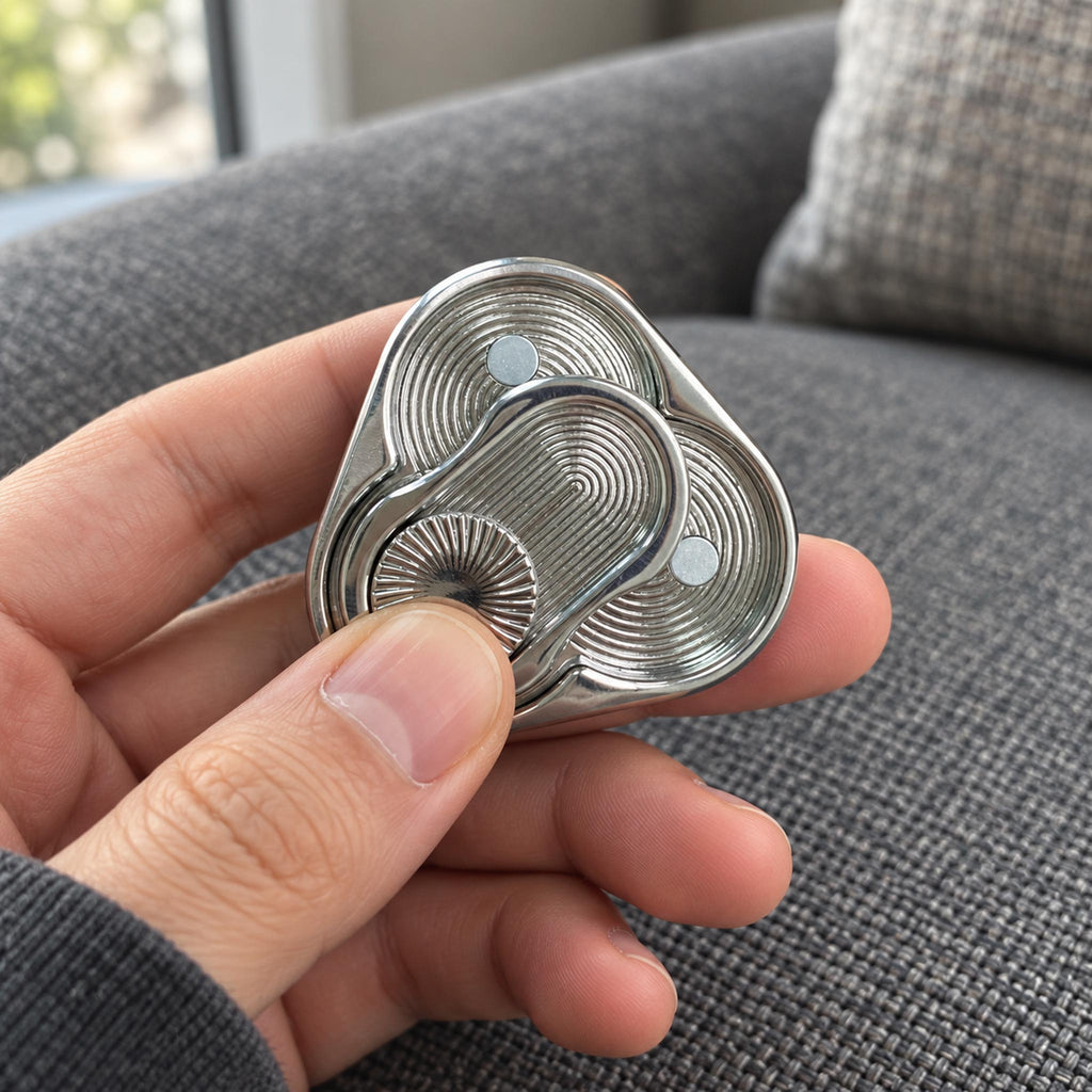 Hand rotating silver metal triangular fidget slider during office desk work