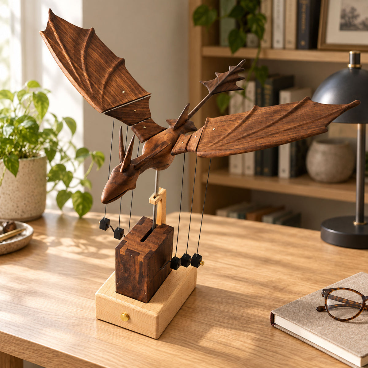 Mechanical wooden dragon desk sculpture displayed on an executive office bookshelf