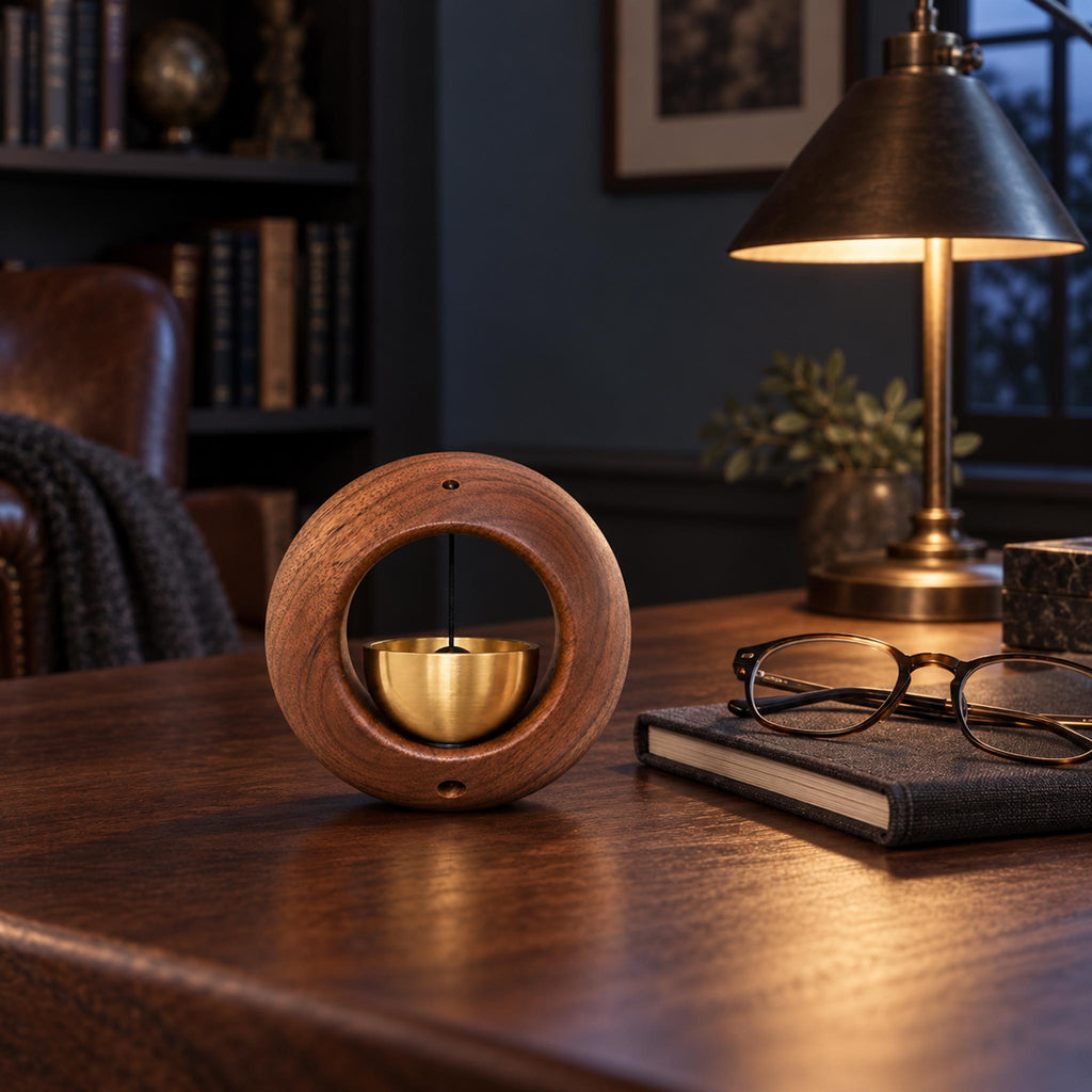 Wooden meditation bell illuminated by warm lamp light on home office desk