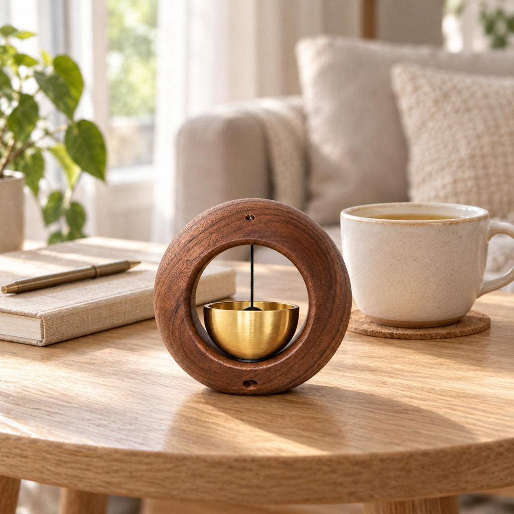 Round wooden desk chime sitting on living room coffee table with tea cup