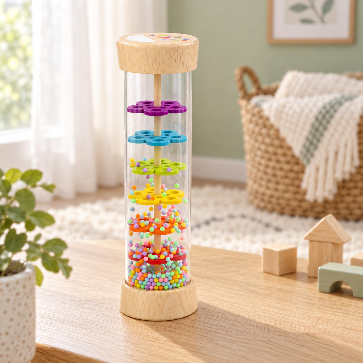 Large wooden rain stick toy with rainbow flower-shaped plates and colorful cascading beads, displayed on a wooden table in a bright, cozy child's room.