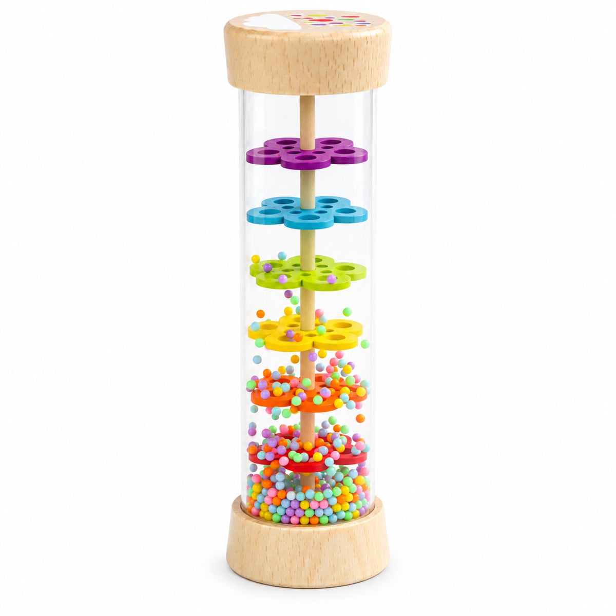 Large wooden rain stick toy with colorful beads and rainbow flower-shaped plates, isolated on a white background.