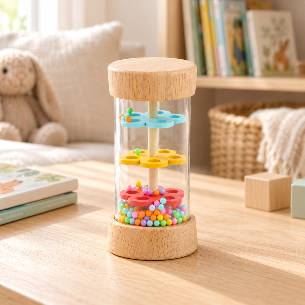 Small wooden rain stick toy with colorful beads on a wooden table in a sunlit nursery or playroom setting.