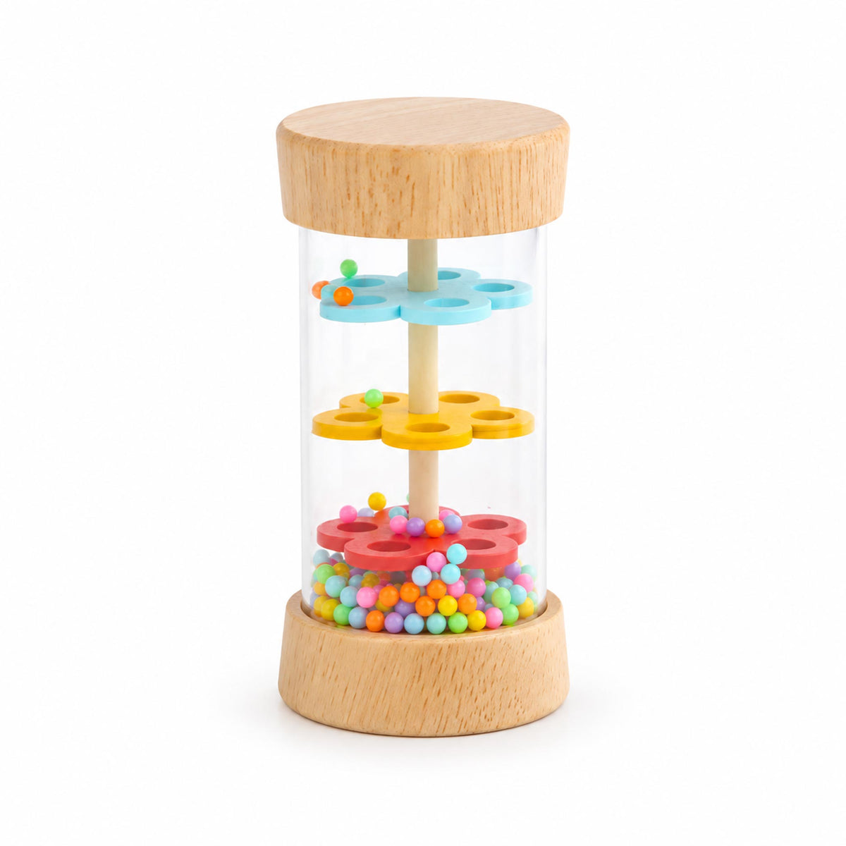 Small wooden rain stick toy with colorful beads and flower-shaped plates, isolated on a white background.