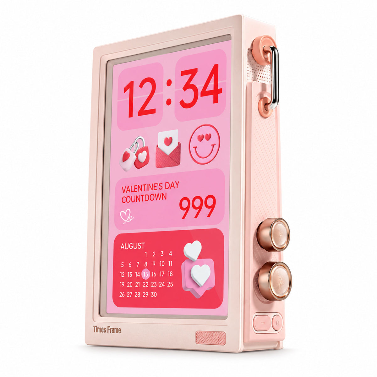 Prism pink smart digital photo frame displaying digital clock time on desk