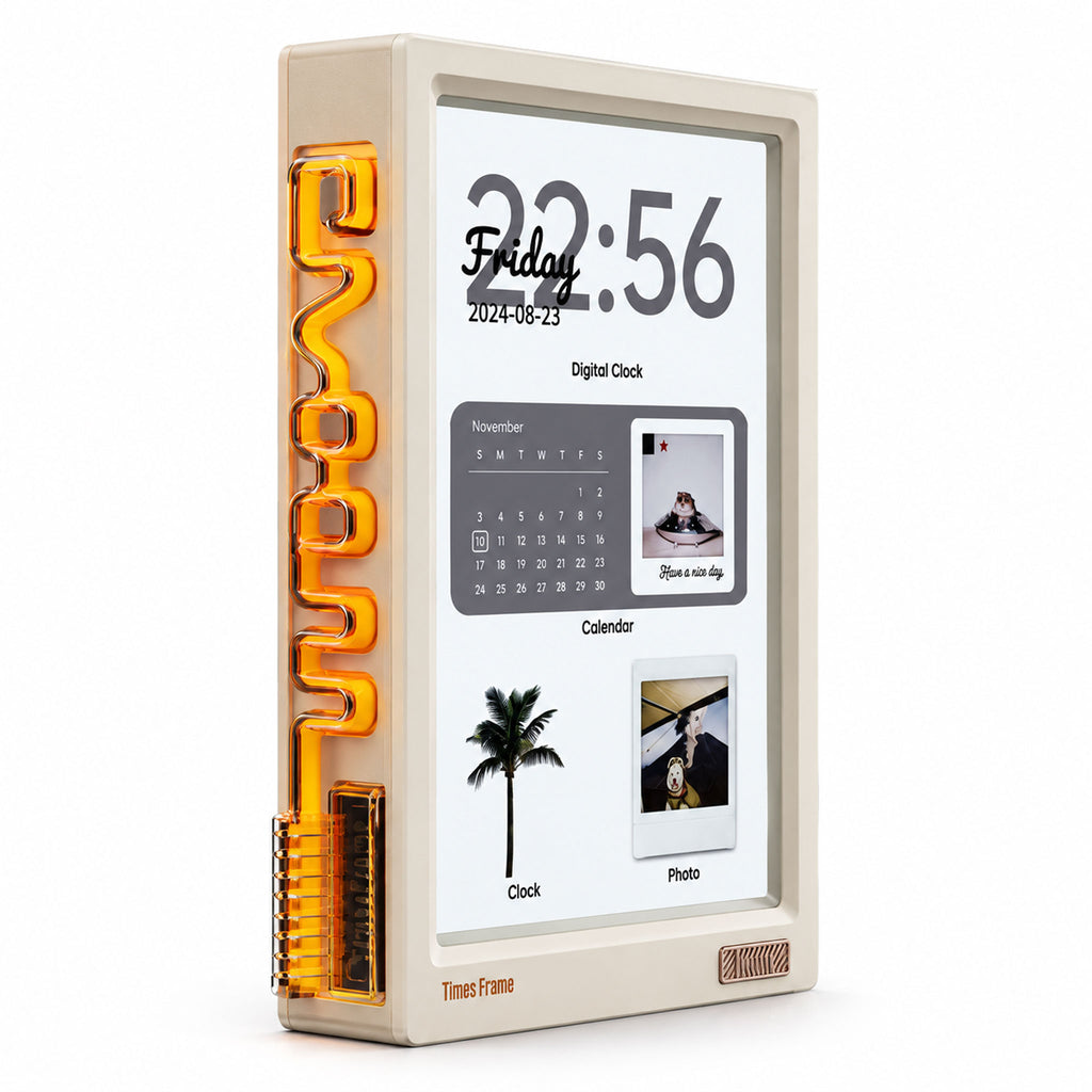 White smart digital desk frame displaying clock face and weather dashboard
