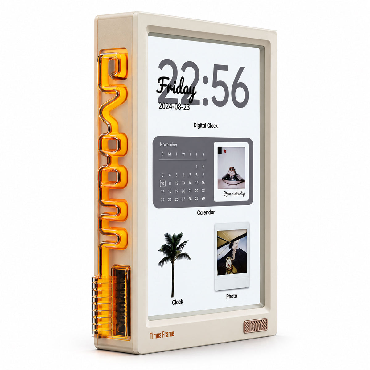 White smart digital desk frame displaying clock face and weather dashboard