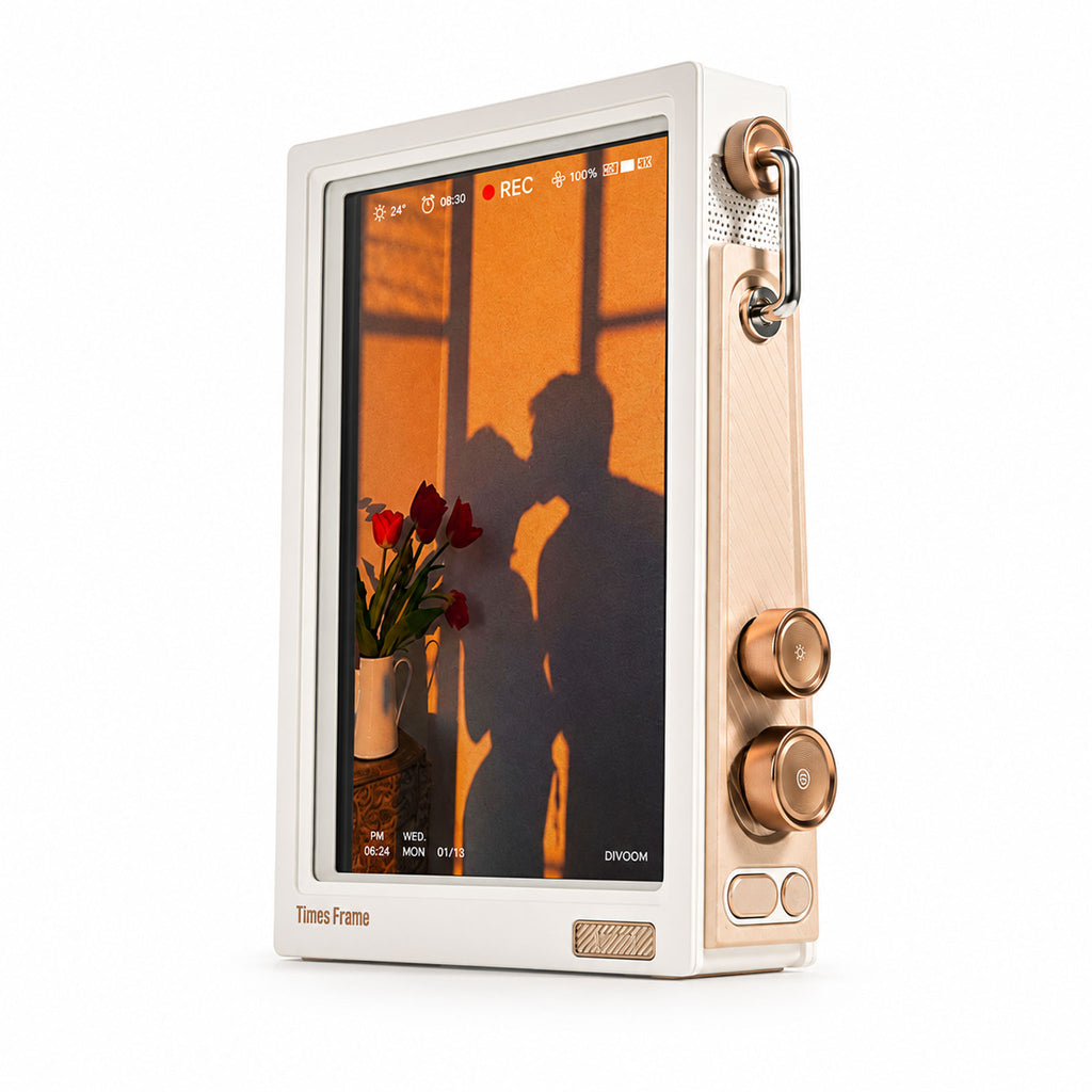 Moonlight white smart digital photo frame displaying couple photo on desk