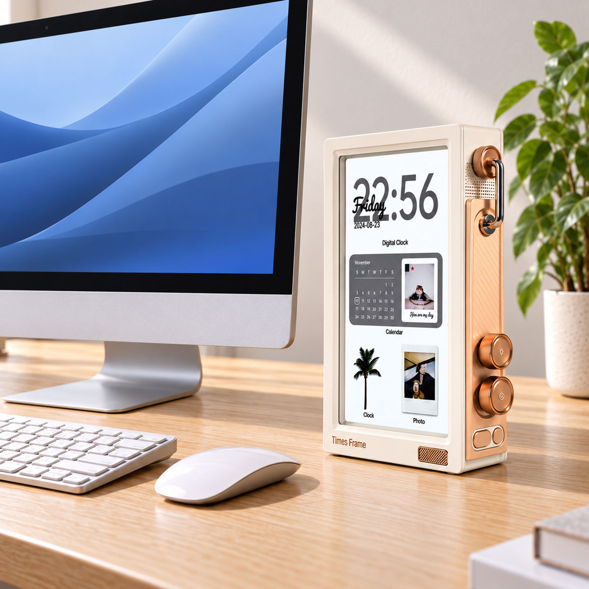 Retro smart digital photo frame in modern executive desk setup with monitor