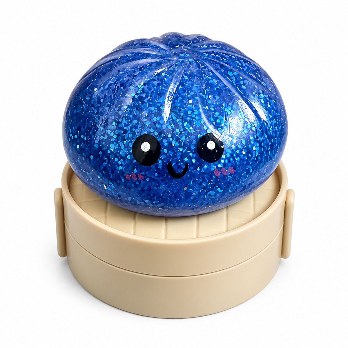 Ocean blue glitter bao steamed bun squishy toy sitting in steamer basket