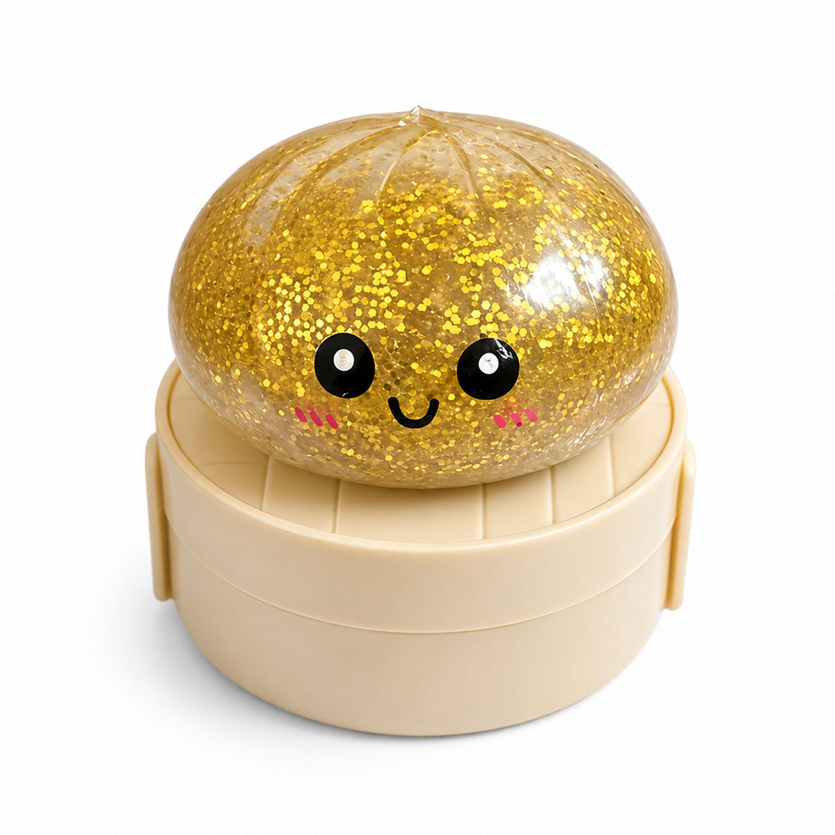 Golden amber glitter steamed bun squishy stress toy in mini steamer container
