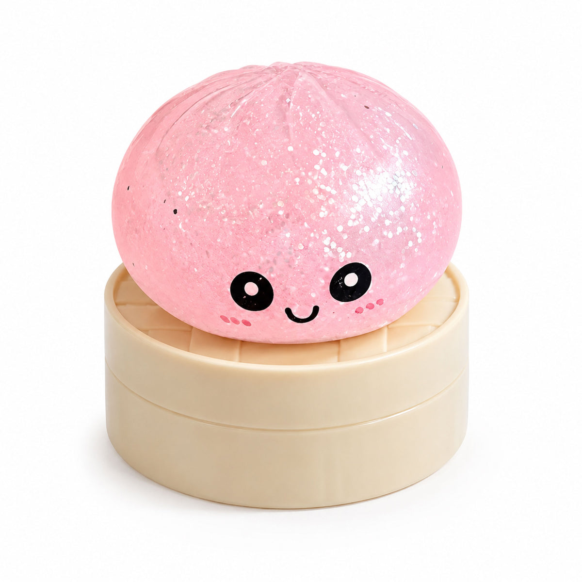 Blush pink glitter bao dumpling sensory squishy toy resting in steamer basket