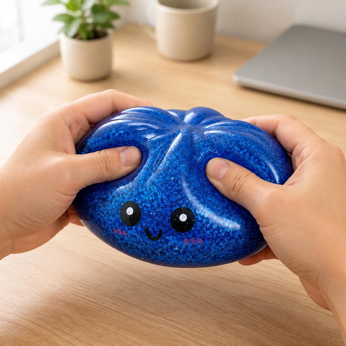 Hands squeezing blue glitter steamed bun squishy stress toy on office desk