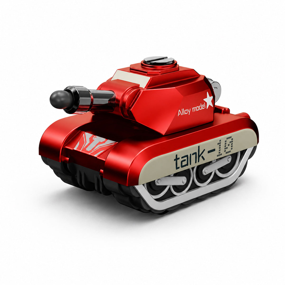 Metallic red alloy mechanical crawler model on white studio background