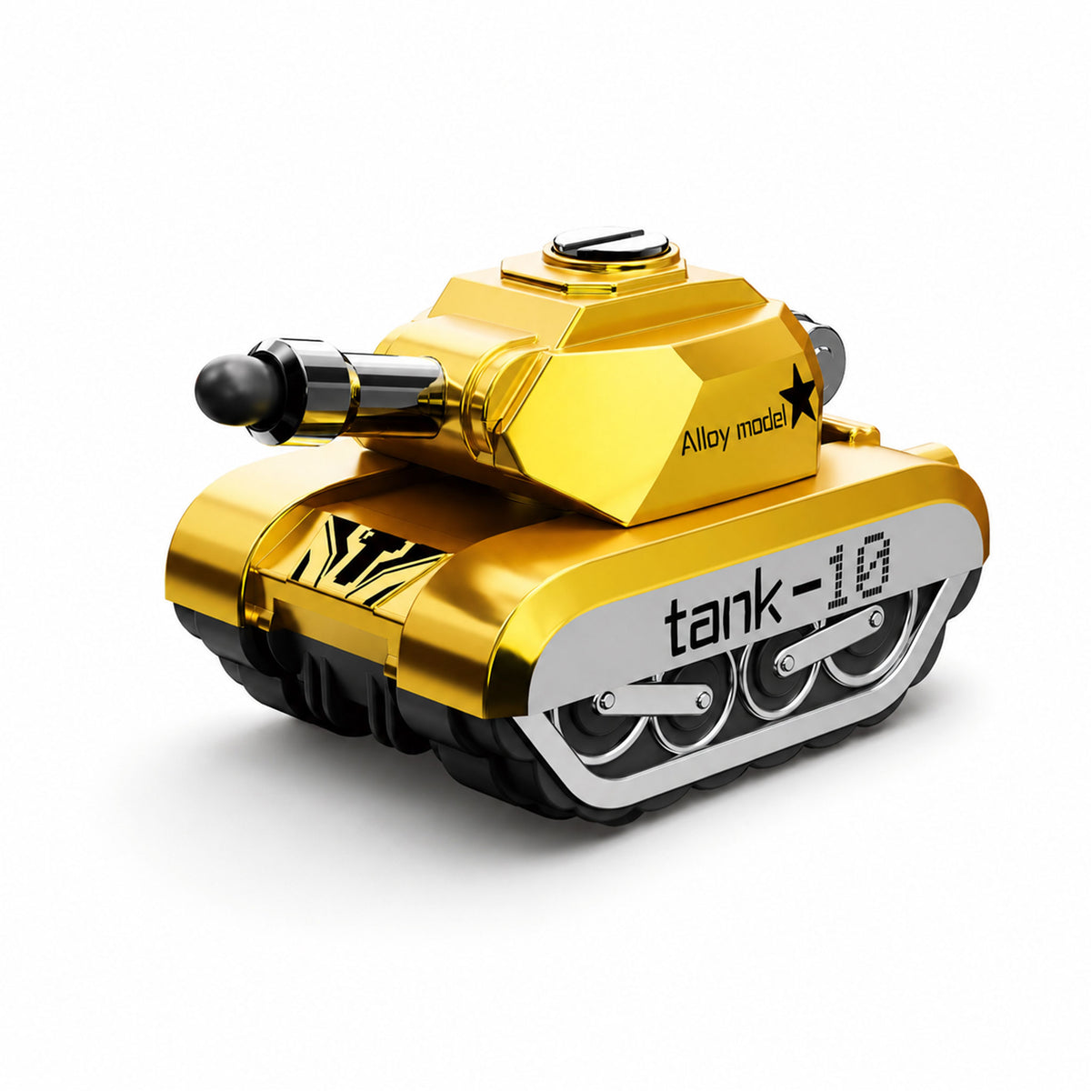 Metallic gold alloy mechanical crawler rover on clean studio background