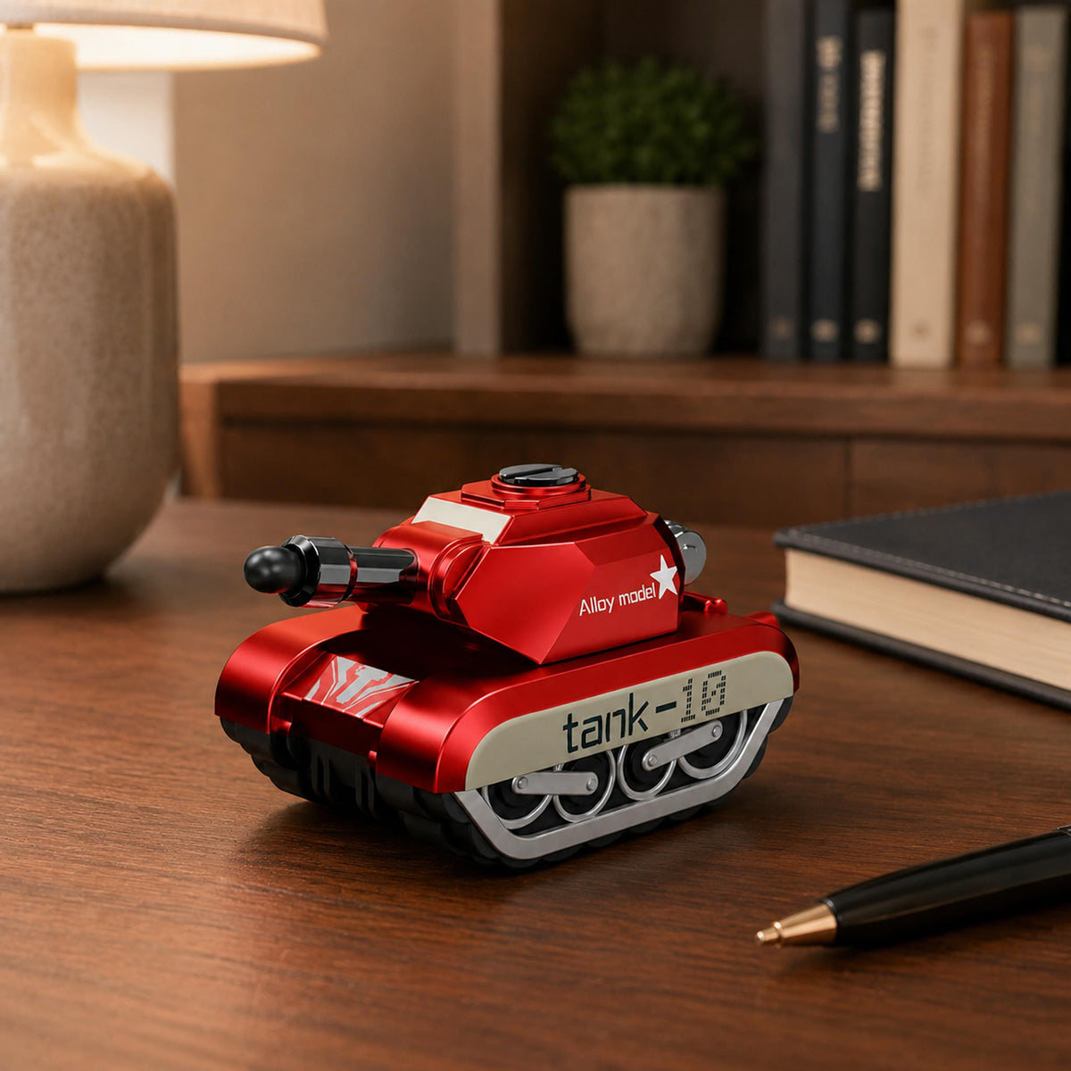 Red die-cast mechanical crawler desk model beside coffee on wooden table