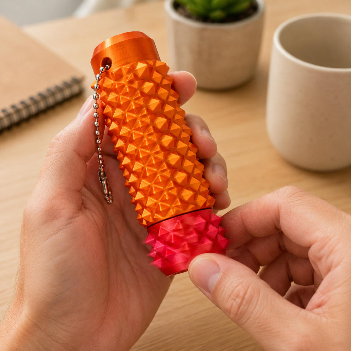 Hand rolling orange spiky acupressure fidget keychain at office desk